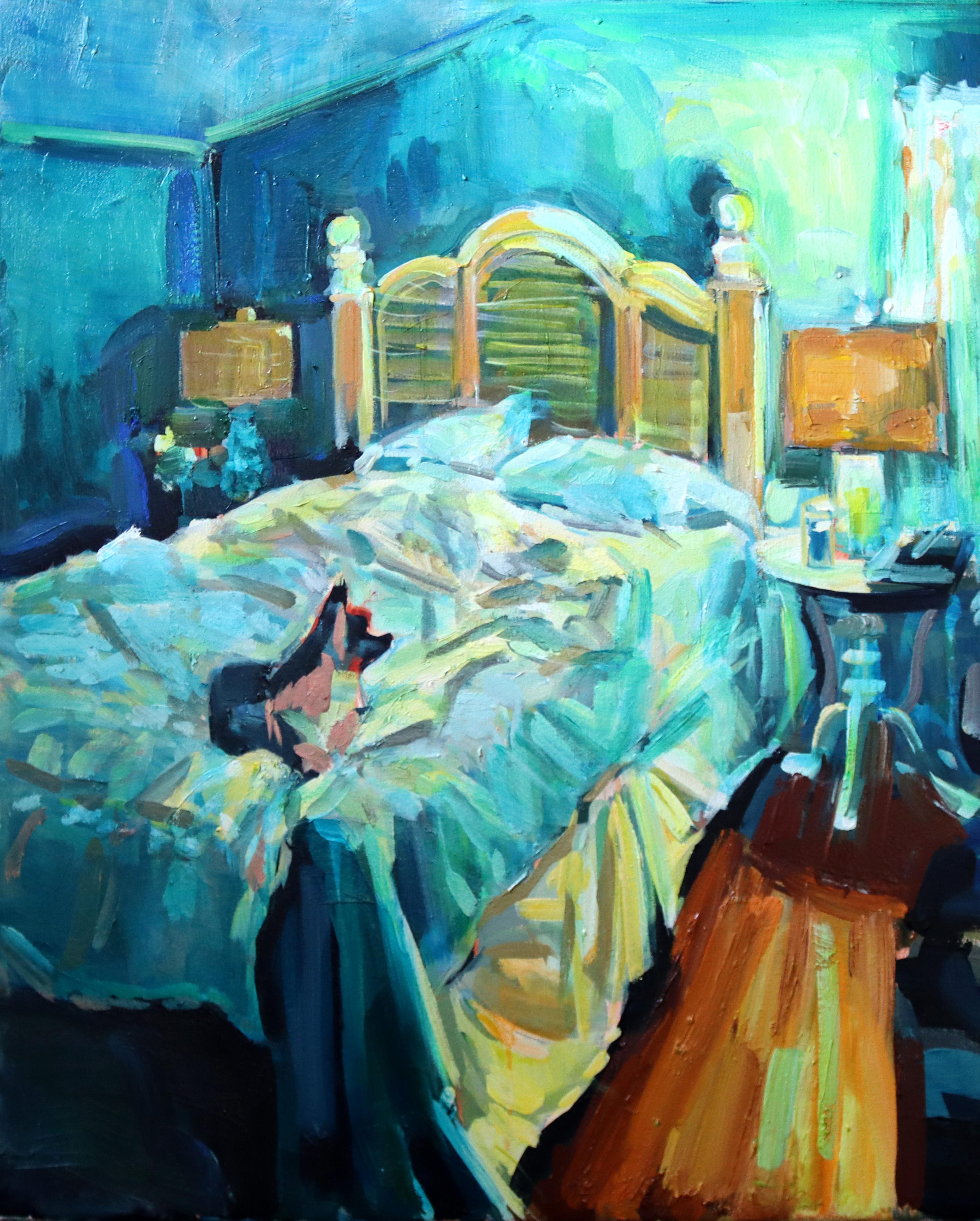 Still-Life Painting Ekaterina Popova - Littime At The Beach House (2023) huile sur toile, intérieurs impressionnistes, lit