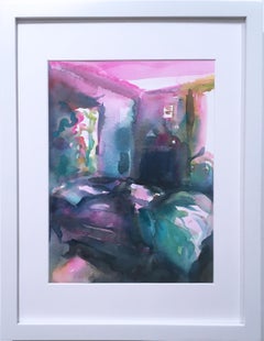 Fall Bedroom, framed watercolor, interior, bedroom, sunlight, purple, pink, blue