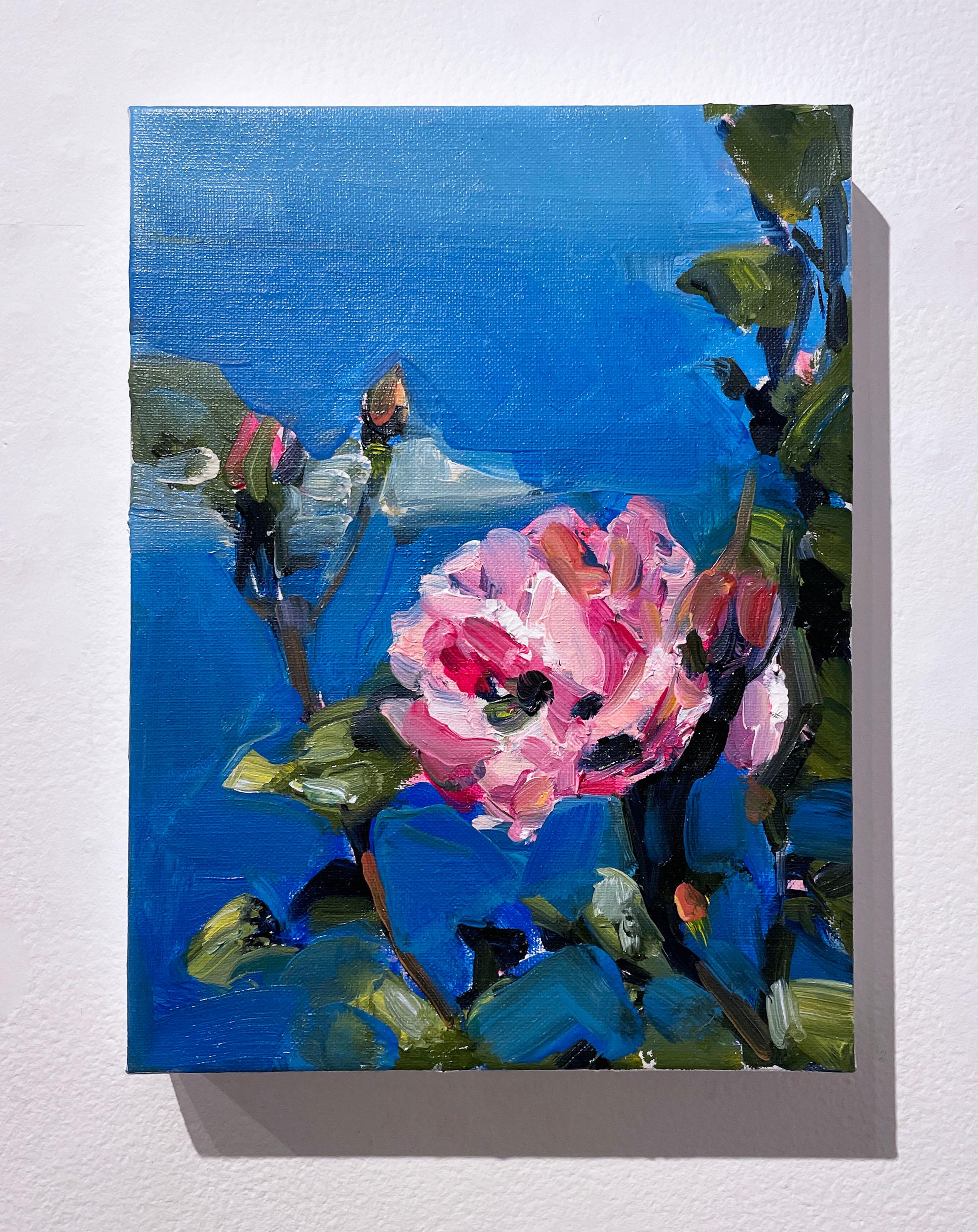 Island Rose (2022), oil on linen, impressionist landscape, flowers, pink, azure - Contemporary Painting by Ekaterina Popova