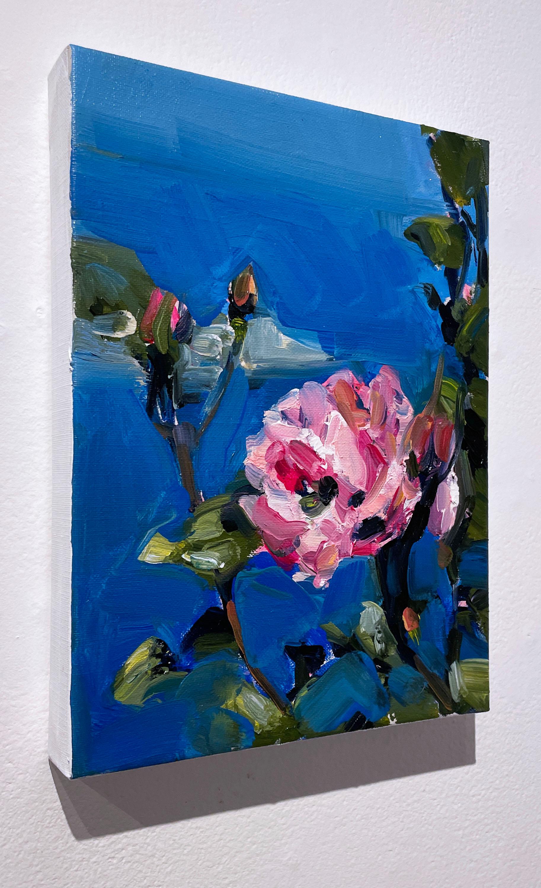 Island Rose (2022), oil on linen, impressionist landscape, flowers, island, ocean scene, water, seascape, roses, pink, azure, blue


