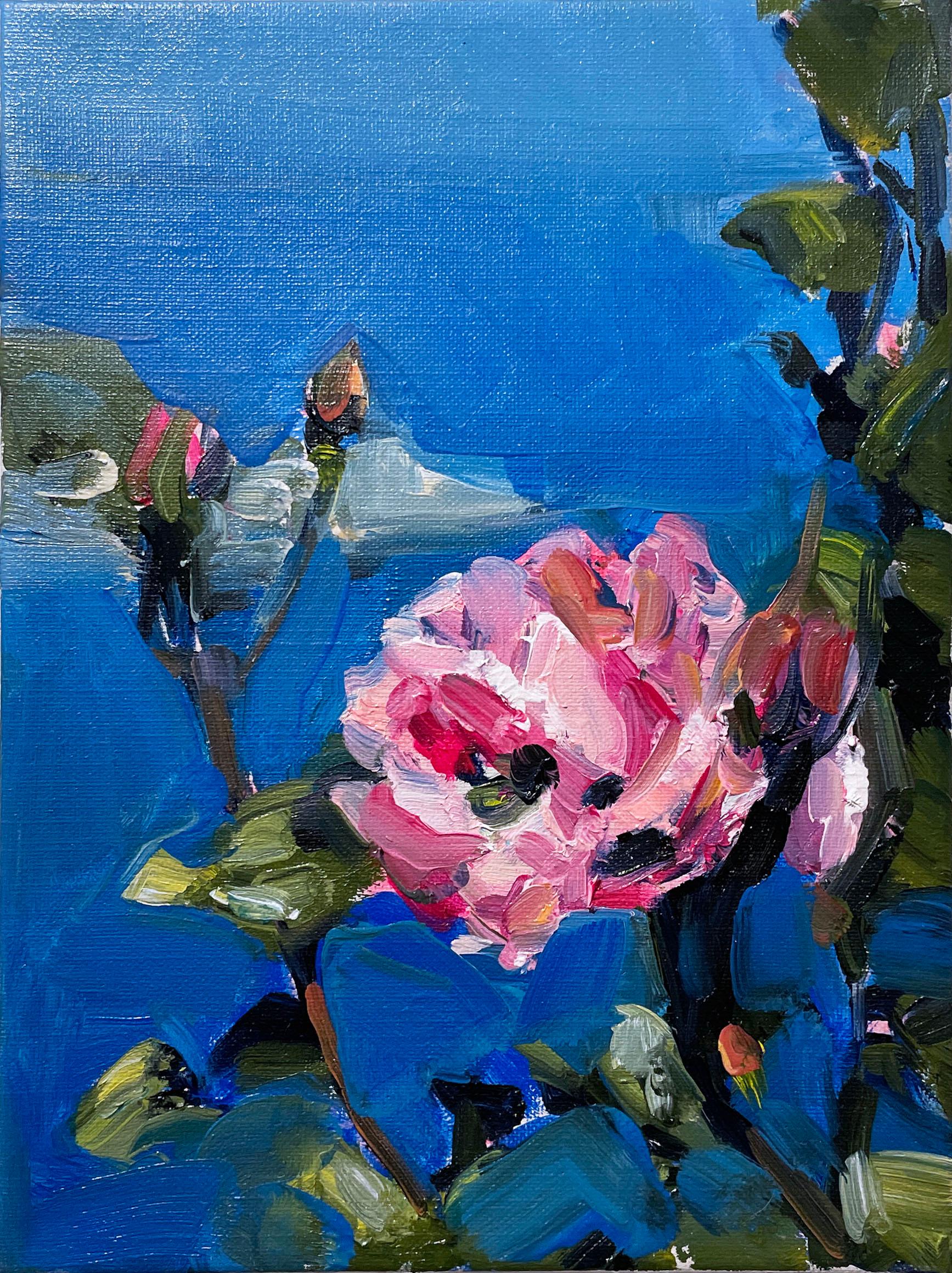 Island Rose (2022), oil on linen, impressionist landscape, flowers, pink, azure 1
