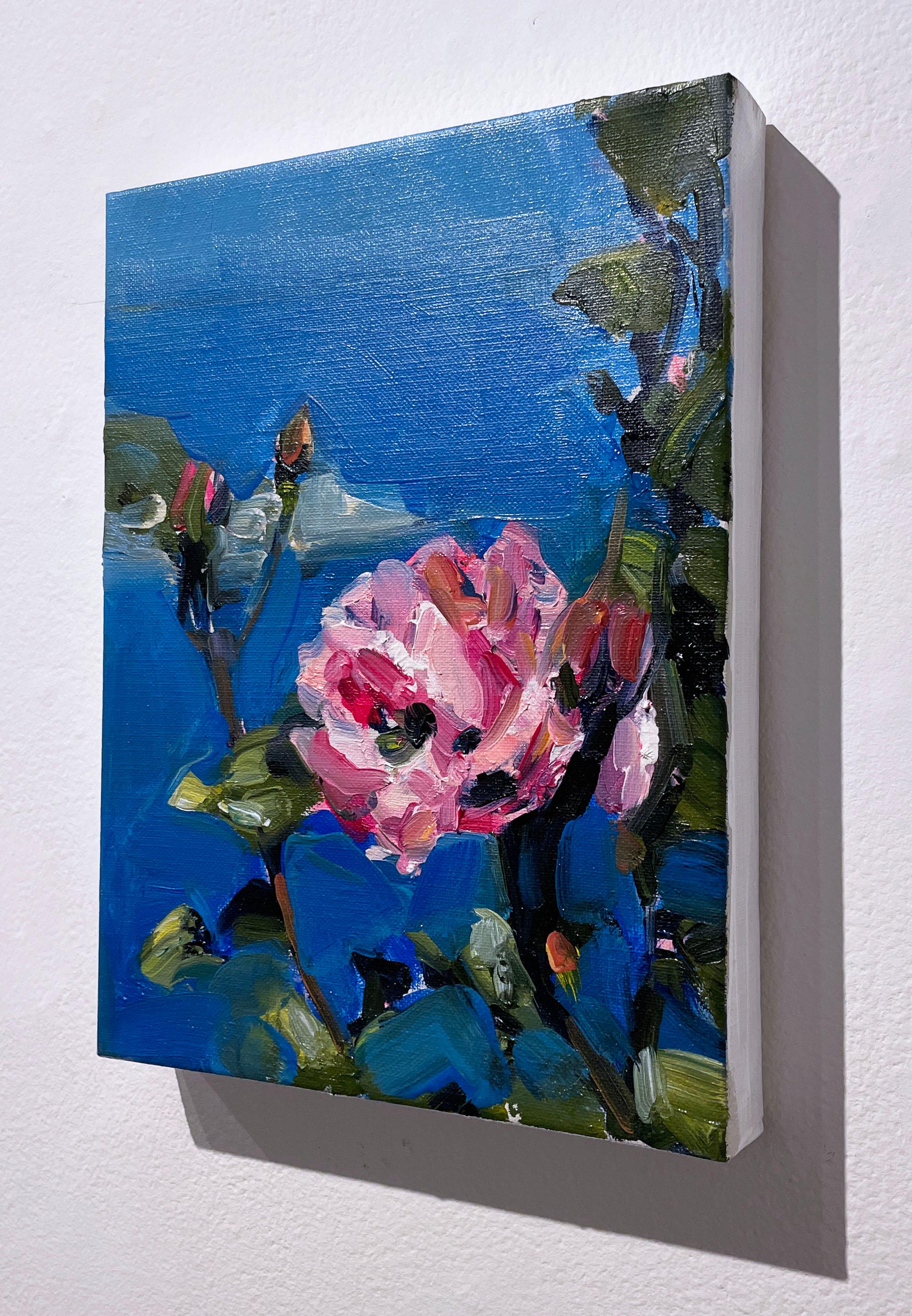 Island Rose (2022), oil on linen, impressionist landscape, flowers, pink, azure 2