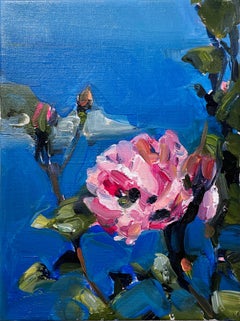 Island Rose (2022), oil on linen, impressionist landscape, flowers, pink, azure