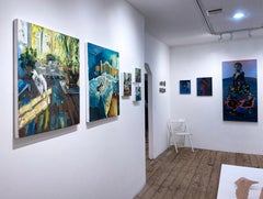 Laundry (2023) oil on panel, impressionist interiors, dog, bed, bedroom, blue