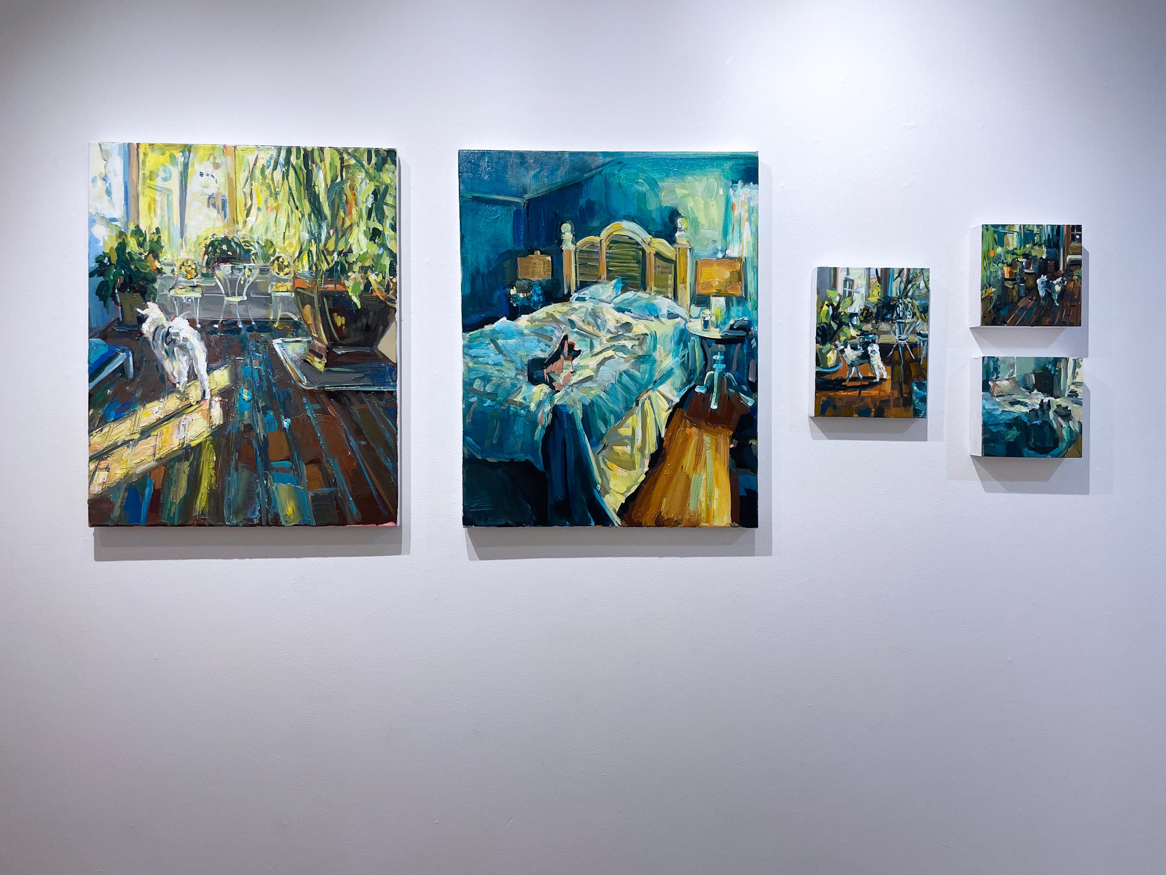 Laundry (2023) oil on panel, impressionist interiors, dog, bed, bedroom, blue - Contemporary Painting by Ekaterina Popova