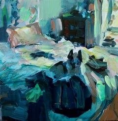 Laundry (2023) huile sur panneau, intérieurs impressionnistes, chien, lit, chambre à coucher, bleu