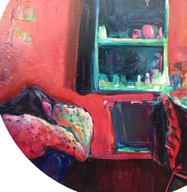 Manabraut II, round oil on canvas, impressionist interiors, red, bedroom, window - Contemporary Painting by Ekaterina Popova