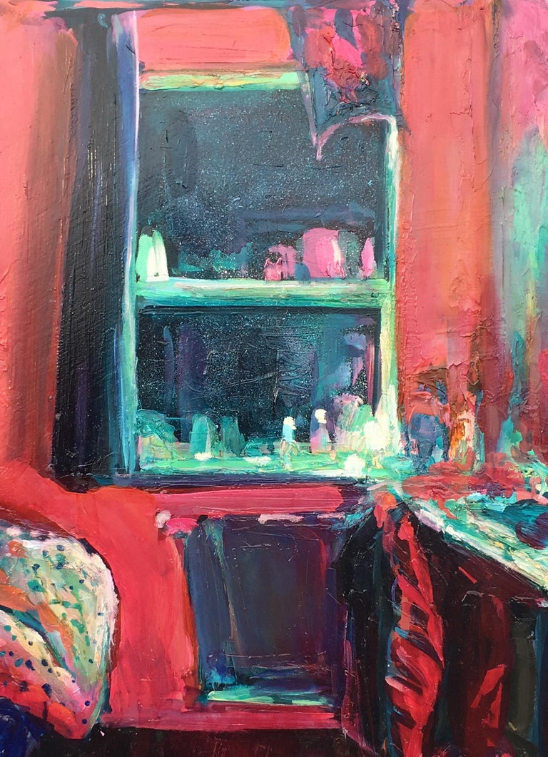 Manabraut II, round oil on canvas, impressionist interiors, red, bedroom, window - Pink Interior Painting by Ekaterina Popova