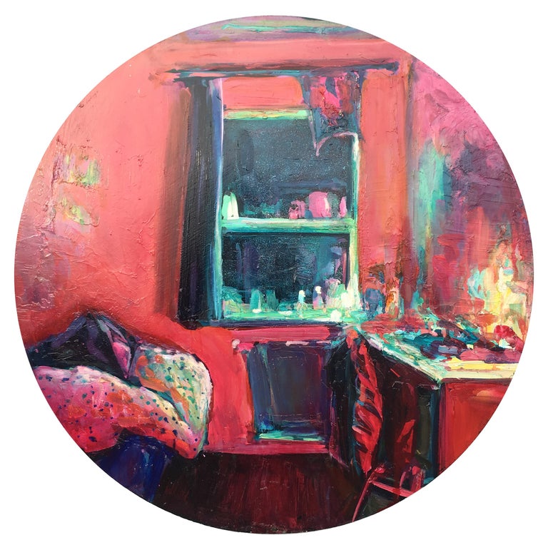 Ekaterina Popova Interior Painting - Manabraut II, round oil on canvas, impressionist interiors, red, bedroom, window