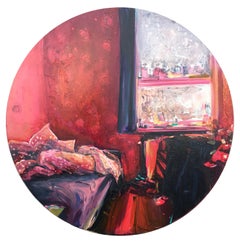 Manabraut, round oil painting, impressionist interiors, red pink bedroom, window