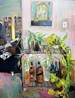 Plants (2022), oil on canvas, impressionist interiors, library, plants, pink