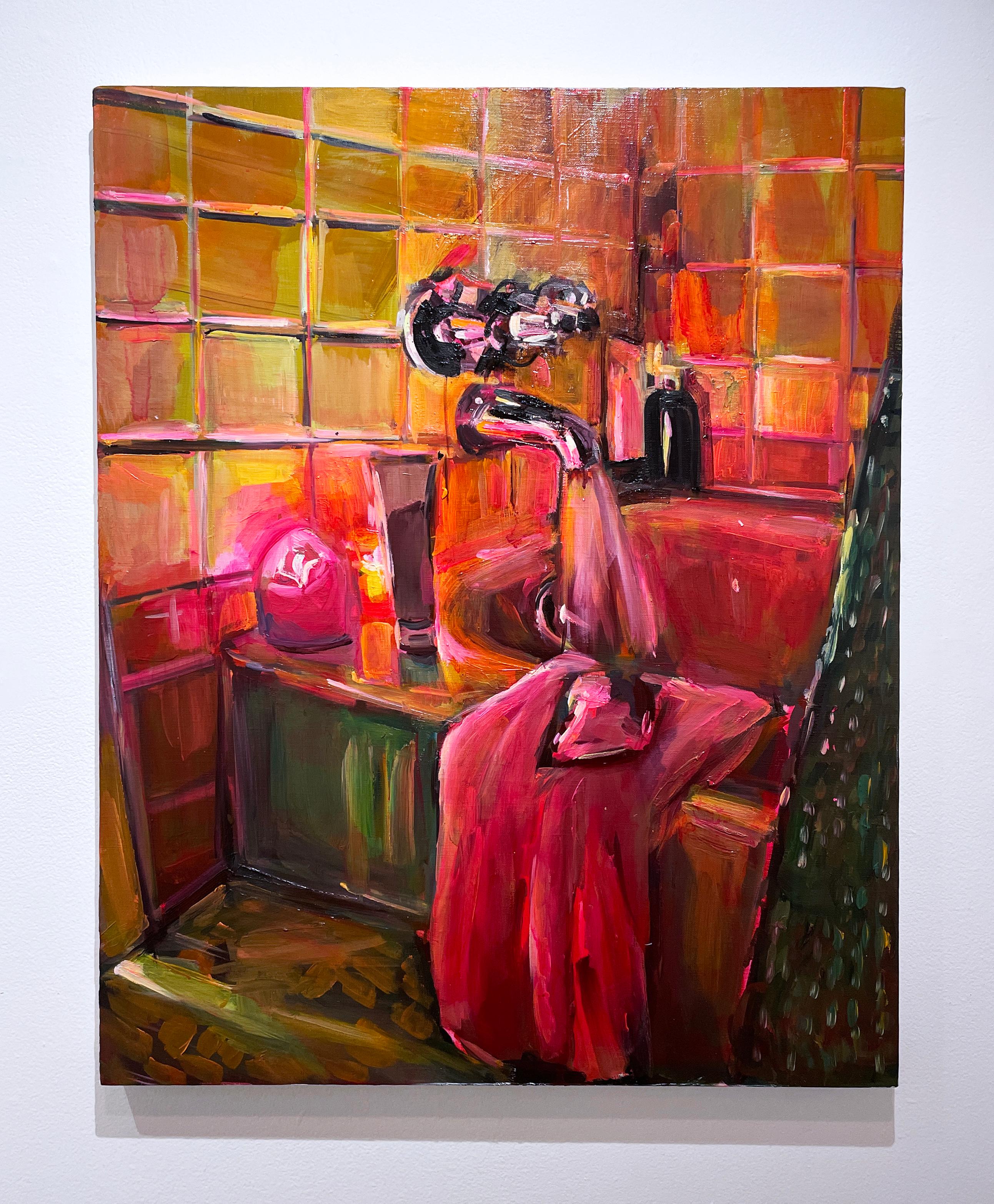 Ritual (2022) huile, lin, intérieurs impressionnistes rose vif, baignoire, bougie - Painting de Ekaterina Popova