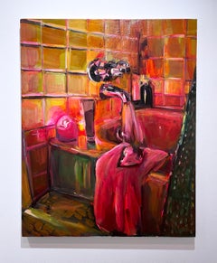 Ritual (2022) oil, linen, impressionist hot pink interiors, bathtub, candlelight