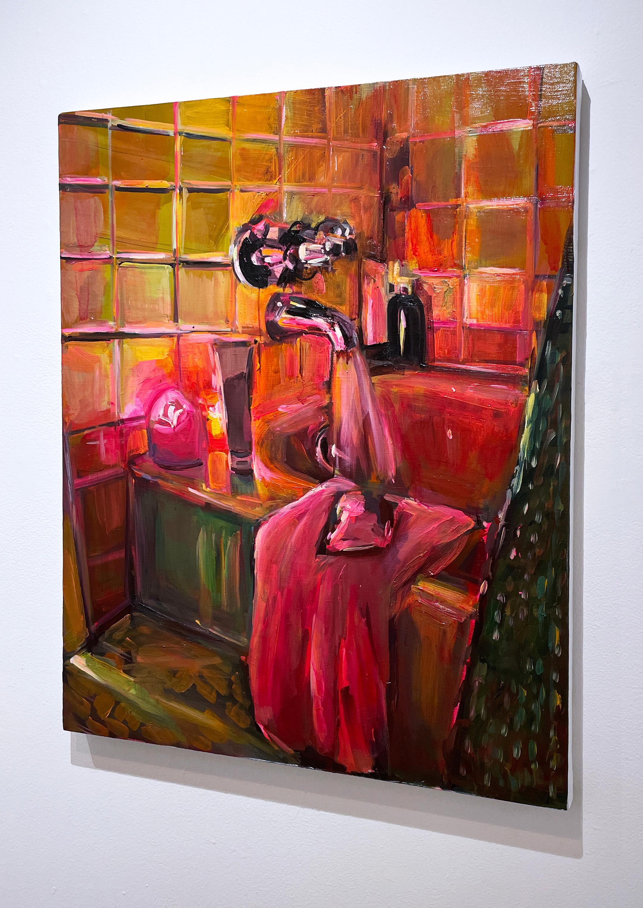 Ritual (2022) huile, lin, intérieurs impressionnistes rose vif, baignoire, bougie - Contemporain Painting par Ekaterina Popova