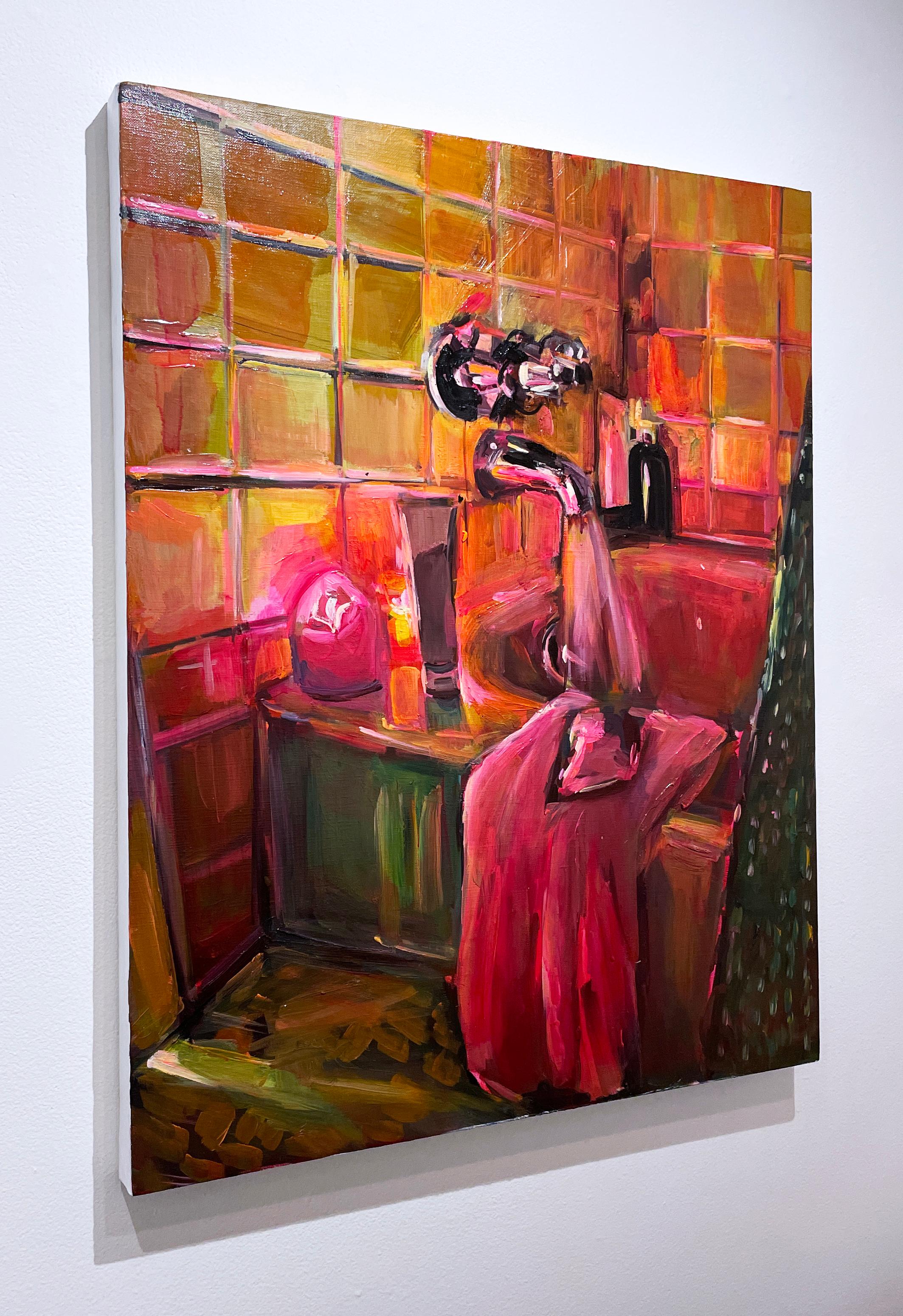 Ritual (2022) huile, lin, intérieurs impressionnistes rose vif, baignoire, bougie - Marron Still-Life Painting par Ekaterina Popova