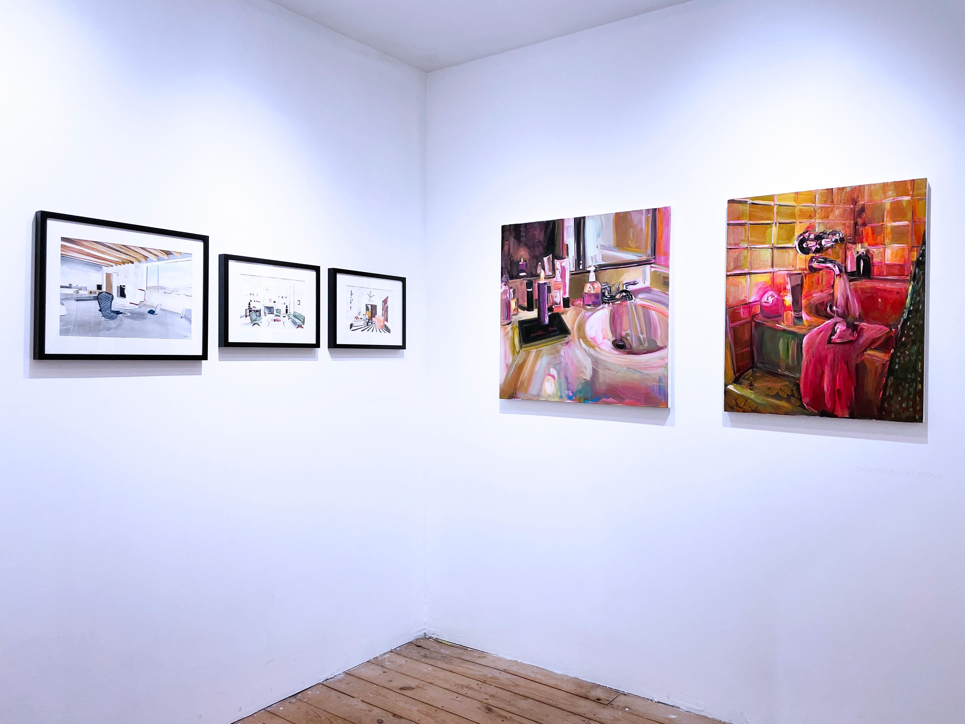 Ritual (2022) óleo, lino, interiores impresionistas rosa cálido, bañera, luz de velas en venta 3