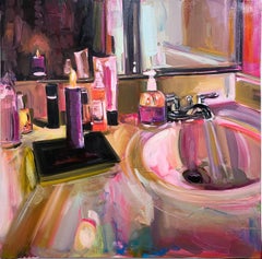 Self Care, oil on linen, impressionist interiors, mirror, candlelight, pink
