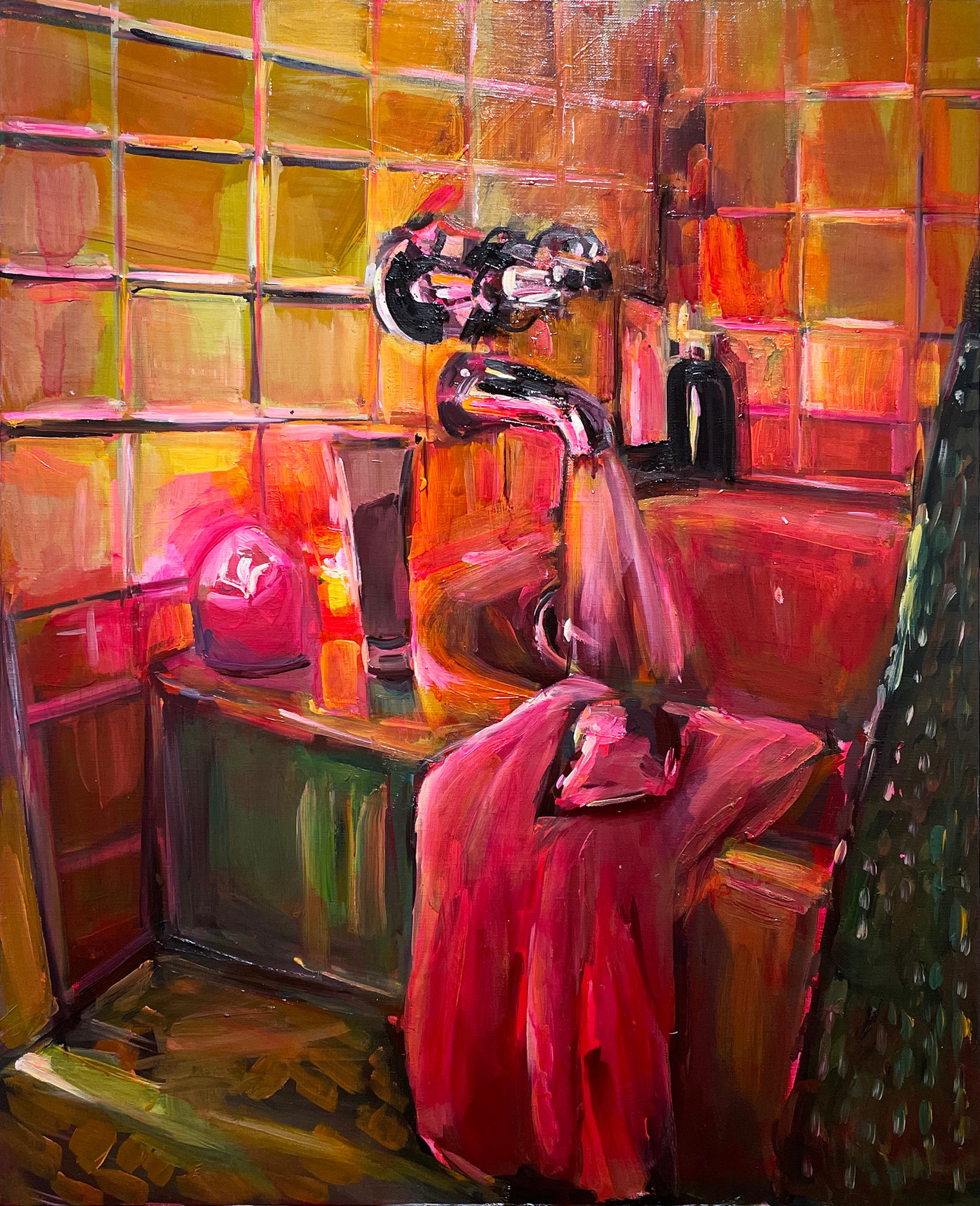 Ritual, oil on linen, impressionist interiors, bathtub, candlelight, hot pink