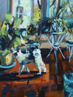 Smell the Plants (2023) oil on linen, impressionist interiors, sunlight, dog