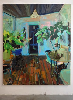 Spring Sunroom, Large oil painting with, blue & pink of bedroom interior