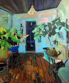 Grande peinture à l'huile Spring Sunroom avec l'intérieur de la chambre à coucher bleu et rose