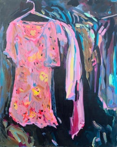 Summer Dress, oil on canvas, impressionist interiors, closet, bright pink, blue