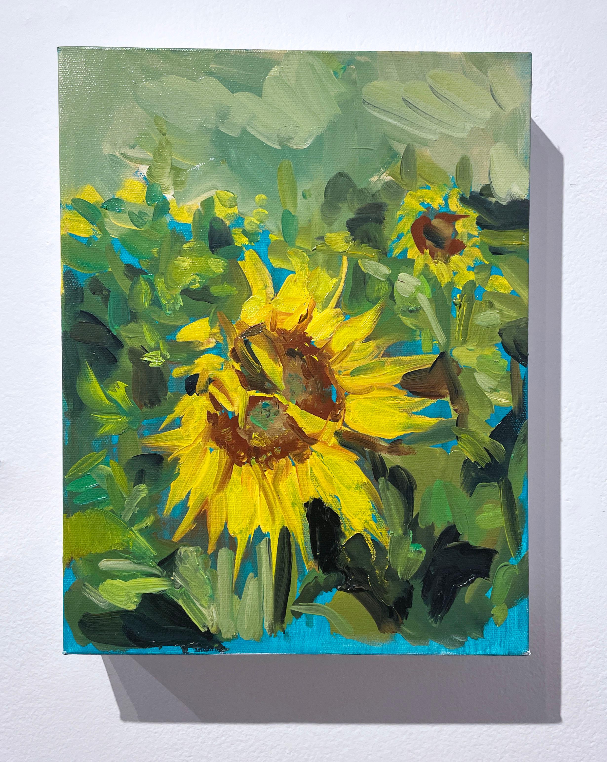 Sunflower Field (2022), oil on canvas, impressionist landscape, flowers, yellow - Painting by Ekaterina Popova