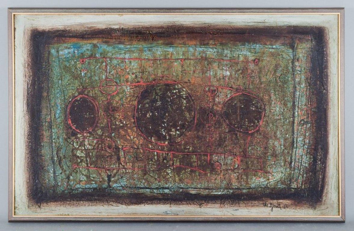 Eke Bjerén (1943-1999), listed Swedish artist.
Oil on board. Abstract composition.
Signed and dated 1964.
In very good condition with craquelure.
Total dimensions: W 93.5 cm x H 59.5 cm.