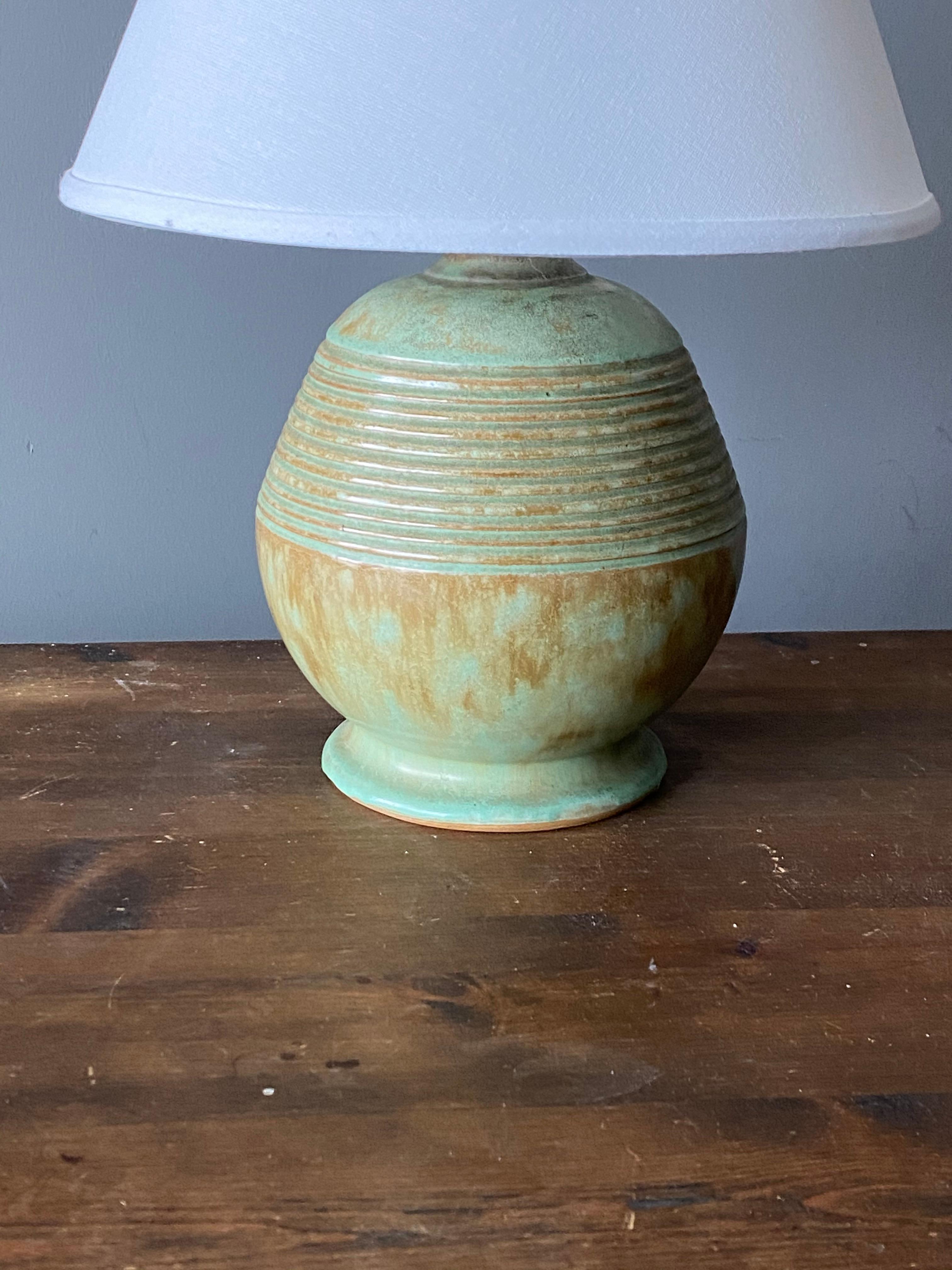 Swedish Ekeby 'attributed' Table Lamp, Glazed Green Stoneware, Sweden, 1930s