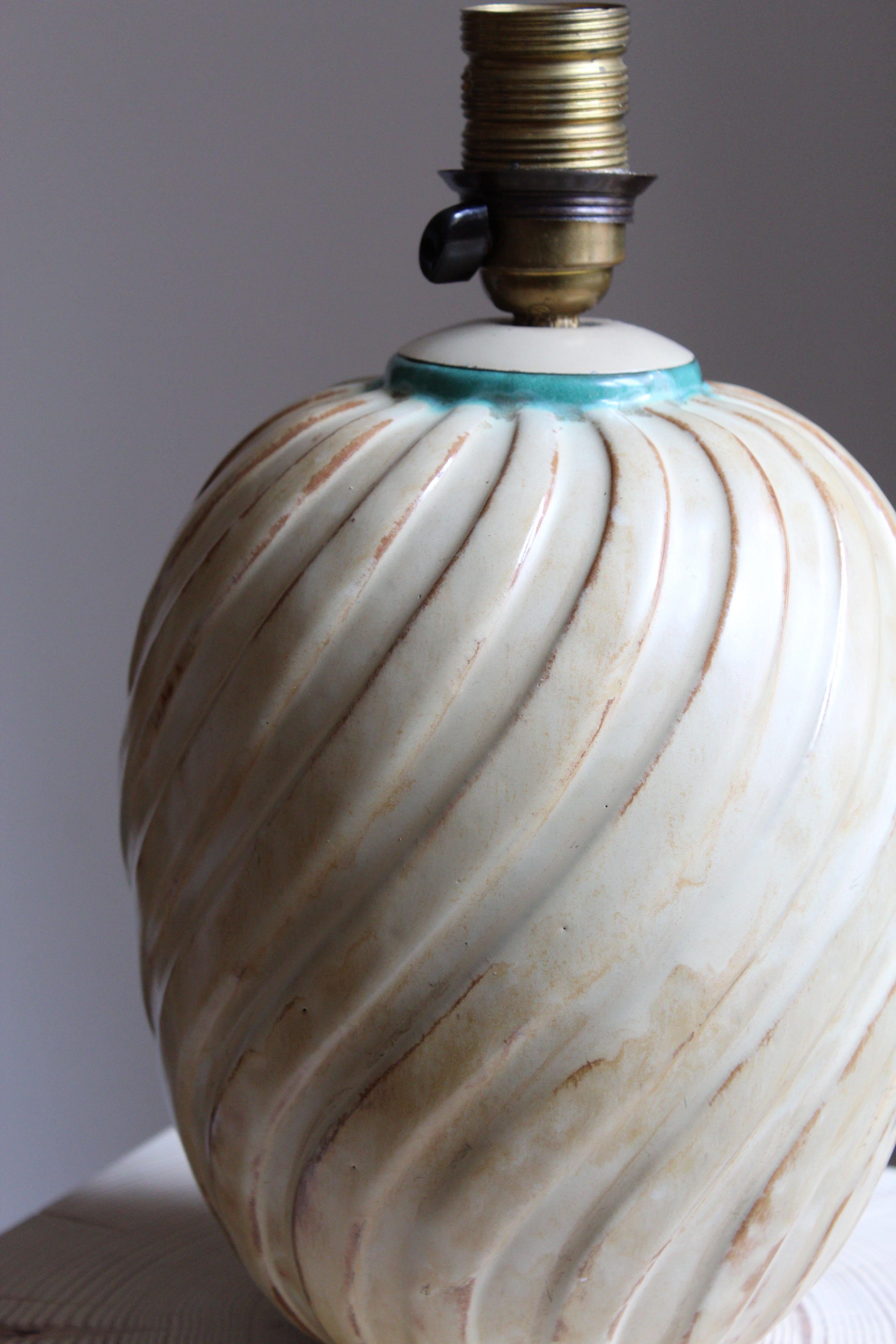 Metal Ekeby, Rare Organic Table Lamp, Glazed Beige / Turquoise Stoneware, Sweden 1930s