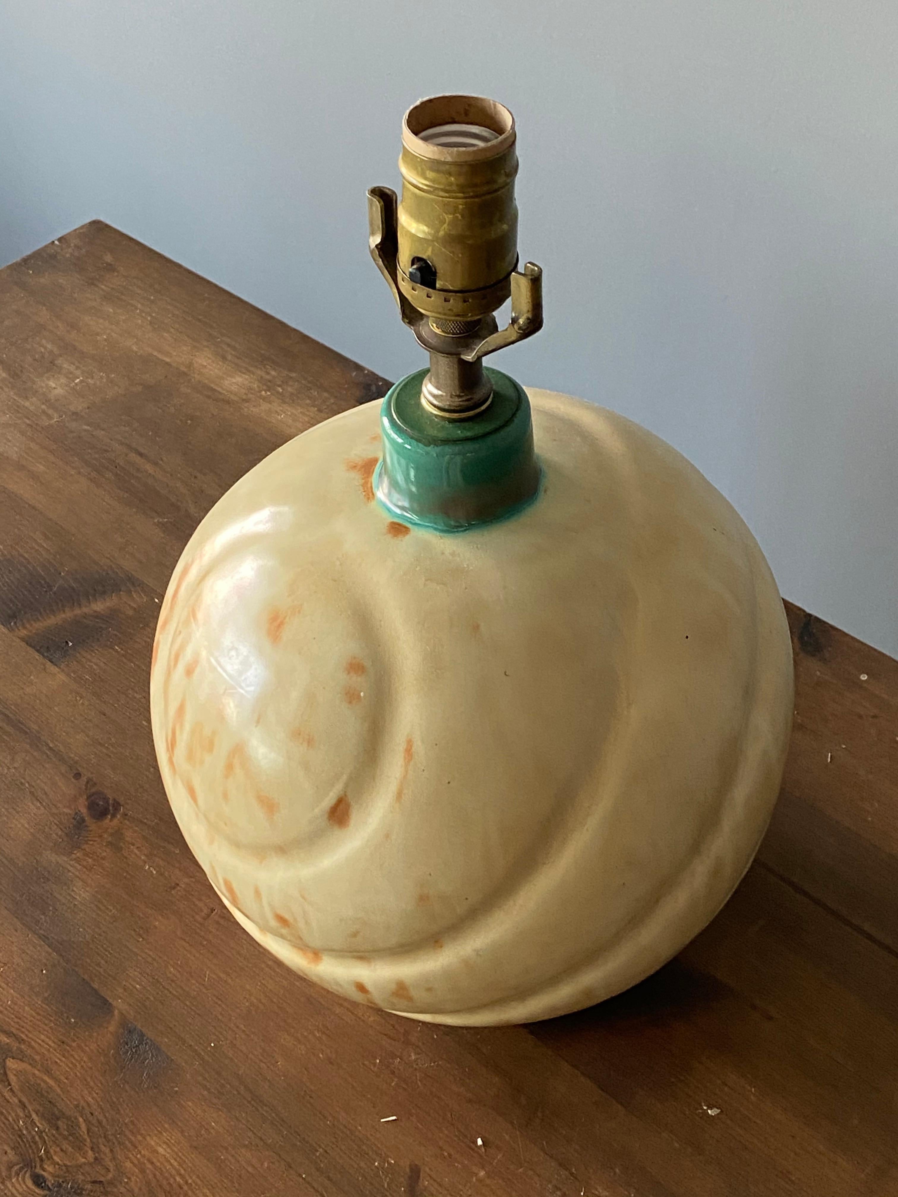 Brass Ekeby, Rare Organic Table Lamp, Glazed Yellow / Turquoise Stoneware, Sweden 1935