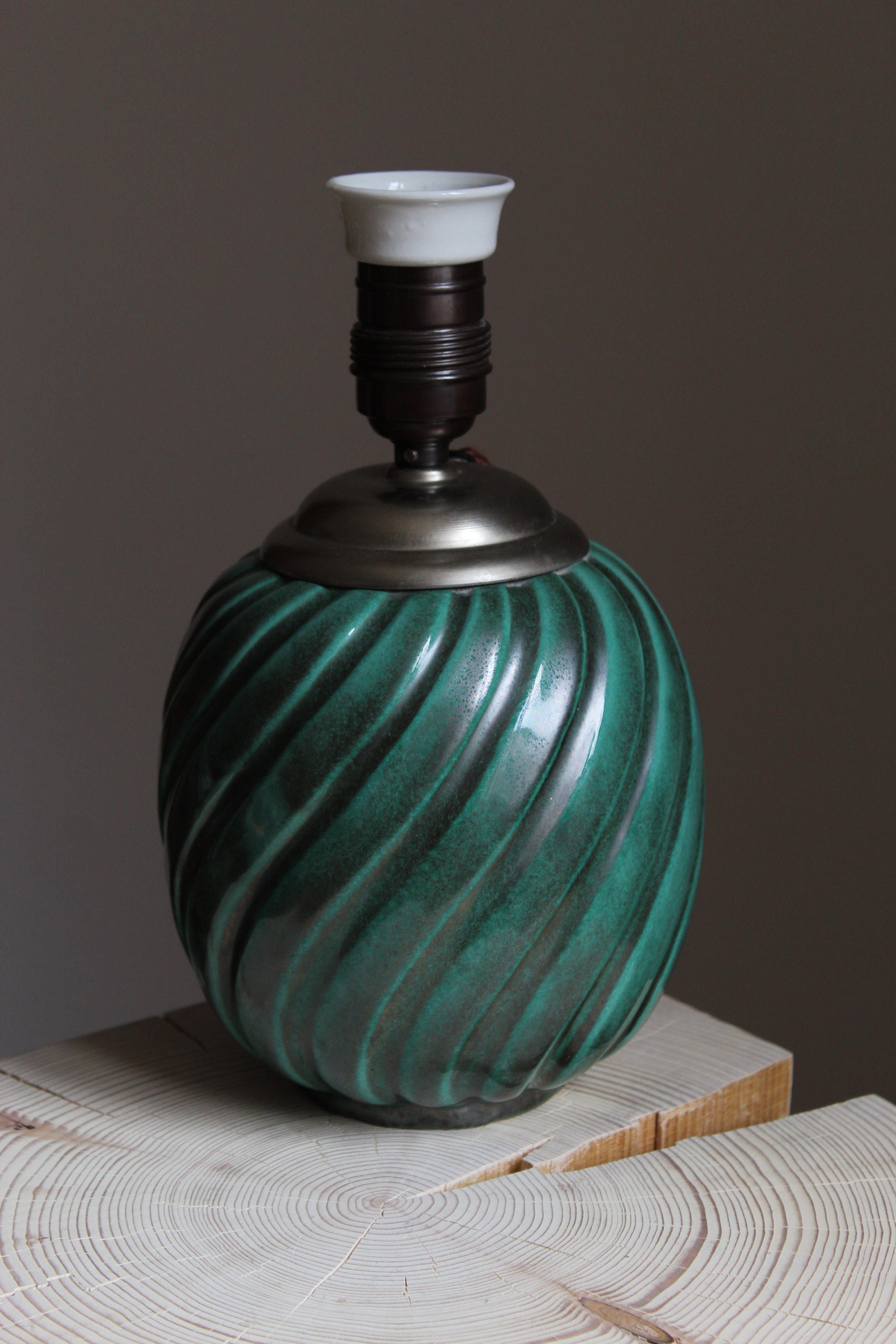 Swedish Ekeby, Rare Organic Table Lamp, Green-Glazed Stoneware, Sweden, 1930s
