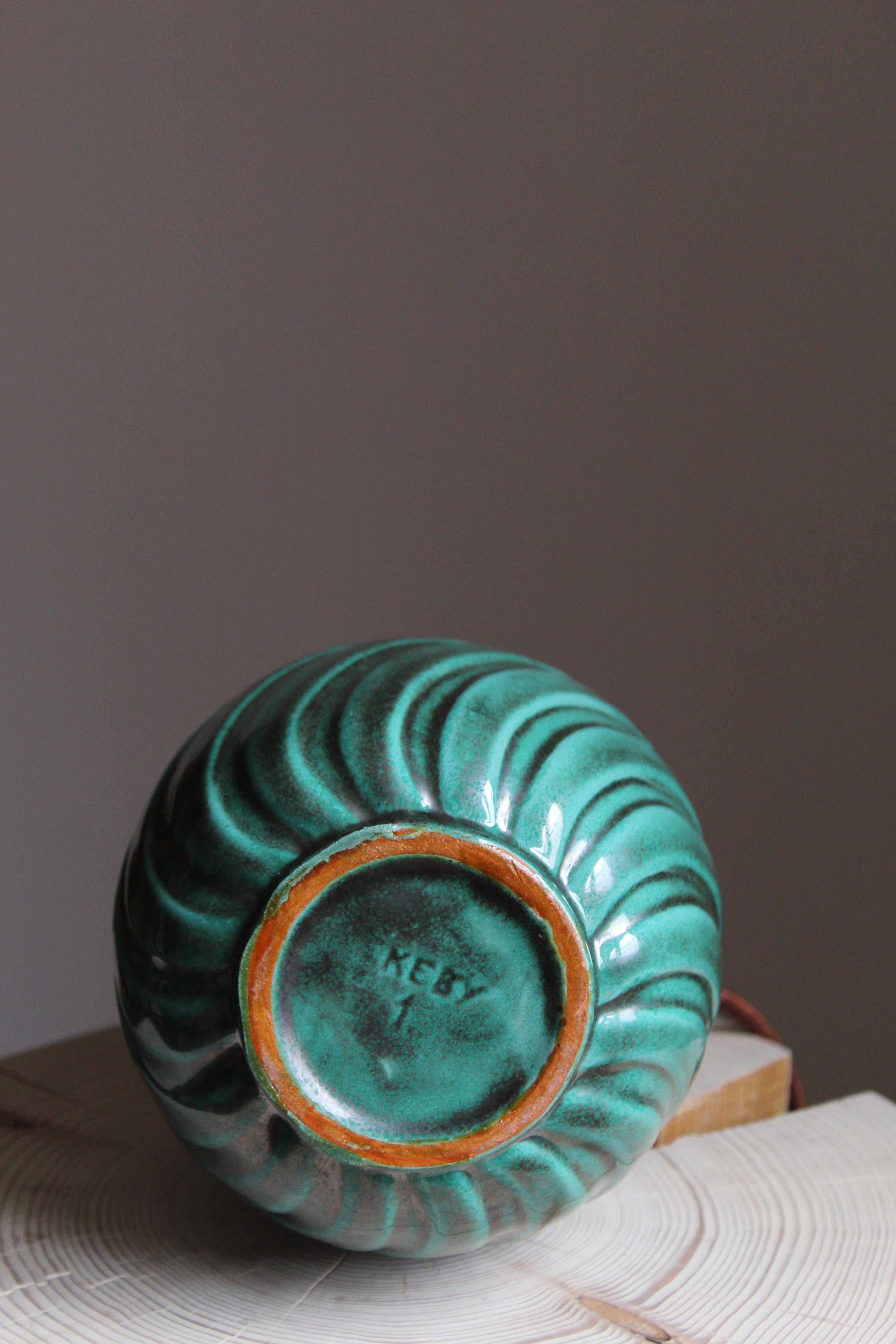 Ekeby, Rare Organic Table Lamp, Green-Glazed Stoneware, Sweden, 1930s In Good Condition In High Point, NC