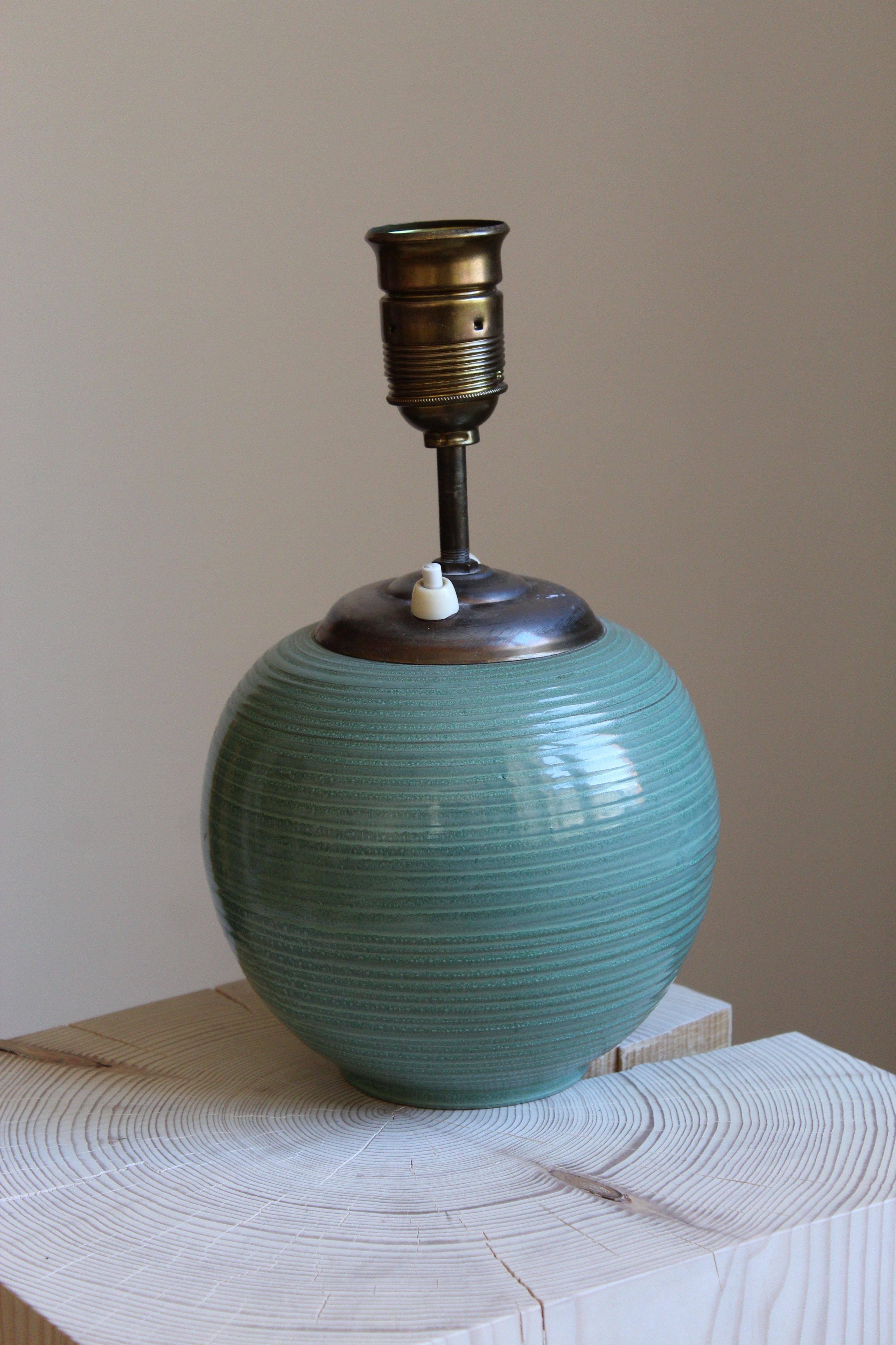 Swedish Ekeby, Rare Table Lamp, Green-Glazed Stoneware, Brass, Linen, Sweden, 1930s