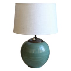 Ekeby, Rare Table Lamp, Green-Glazed Stoneware, Brass, Linen, Sweden, 1930s