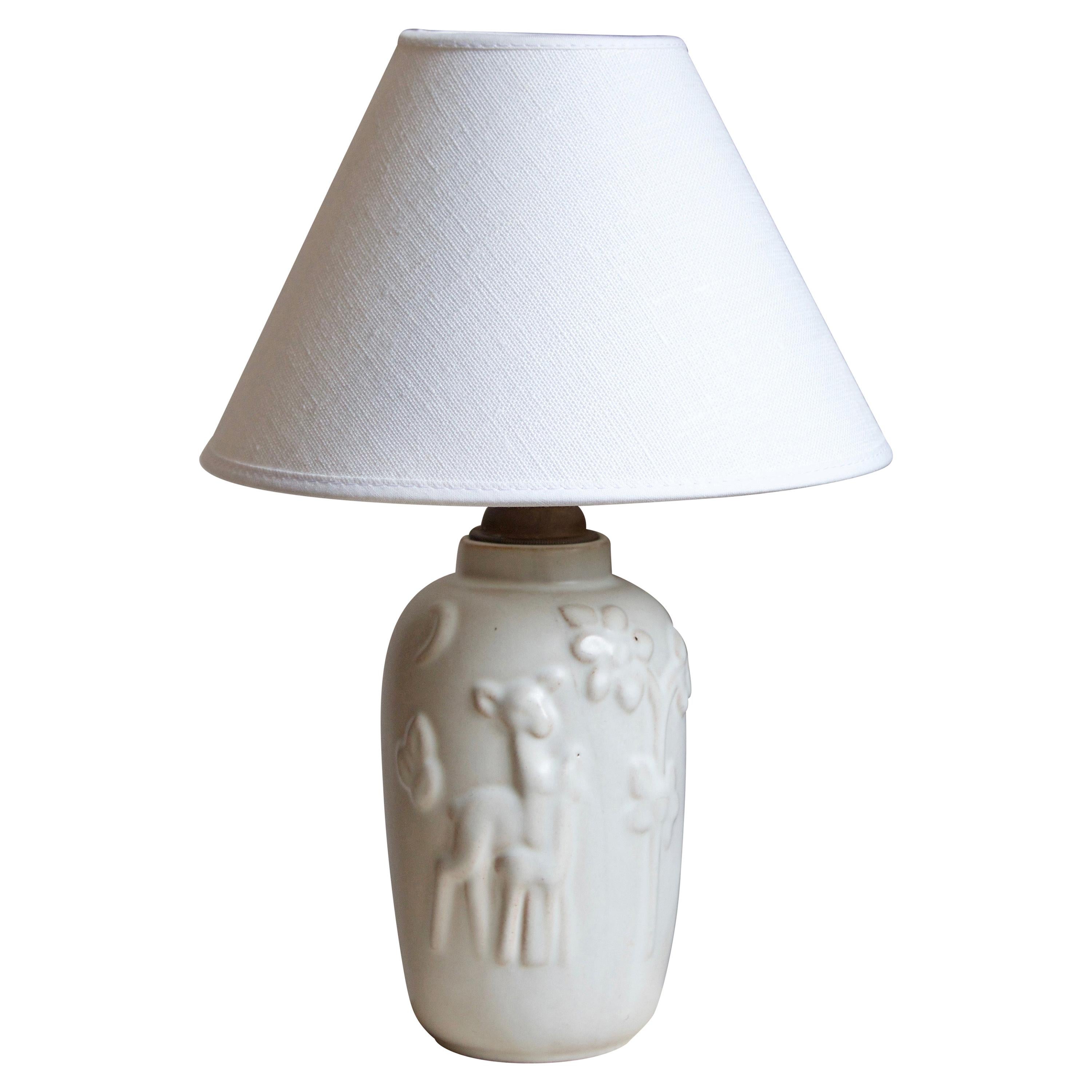 Ekeby, Small Table Lamp, White Glazed Ceramic, Brass, Sweden, 1930s