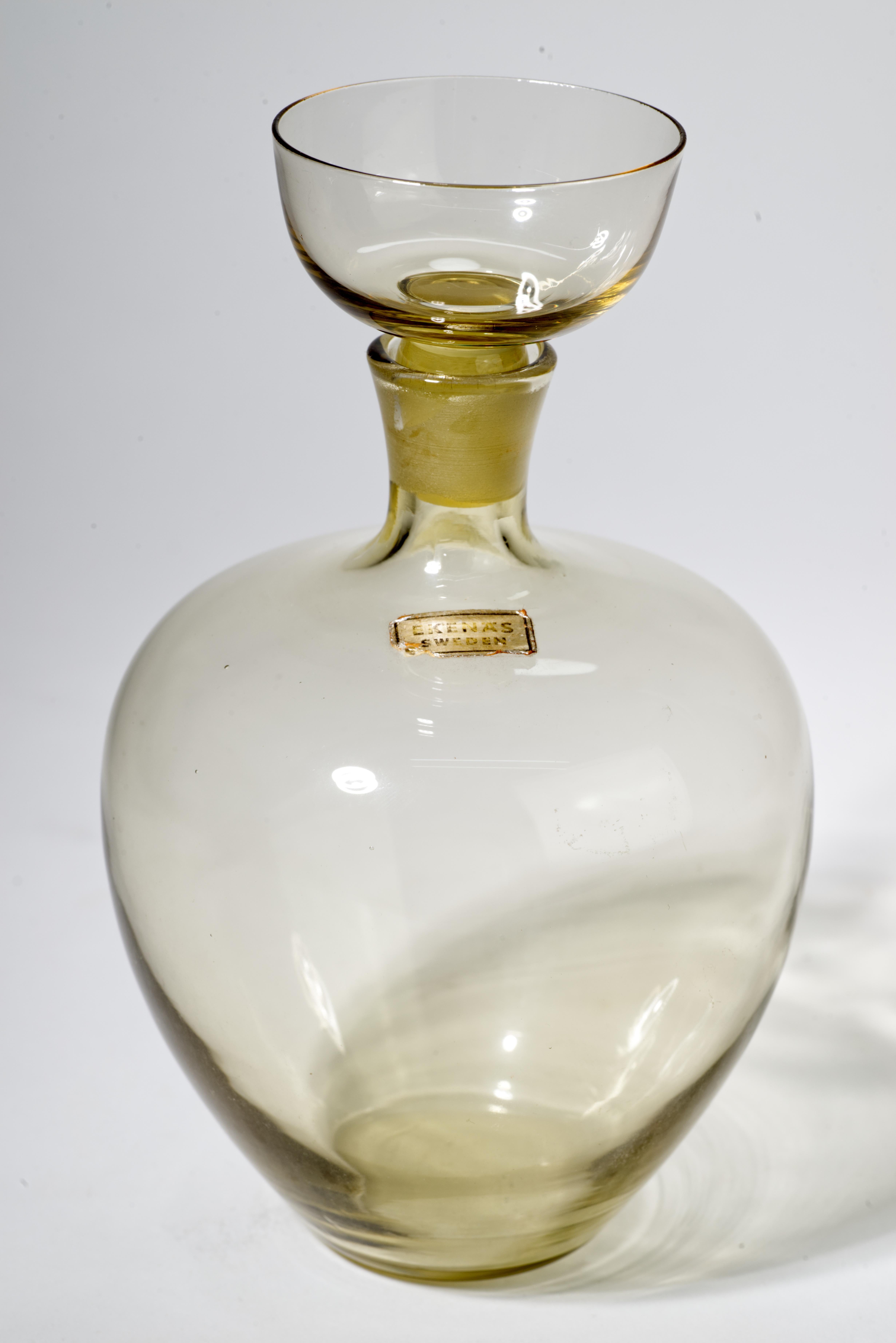 Swedish Ekenas Sweden Amber Glass Decanter with Shot Glass Stopper, Scandinavian Modern For Sale