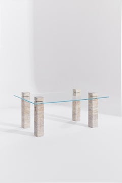 Block Form Silver Travertine Coffee Table with Clear Glass Top by RAFFINATO