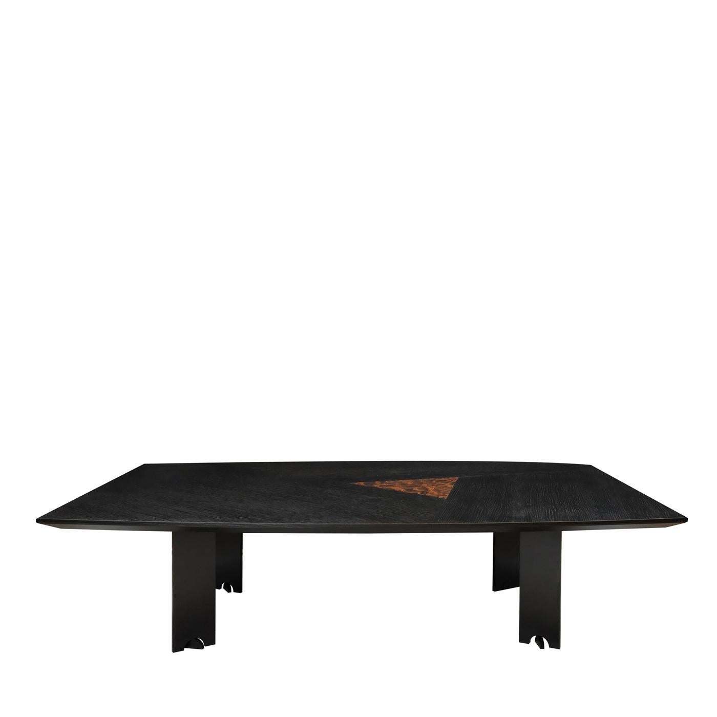 A timeless and unconventional piece of functional decor, this striking table is exquisitely crafted of black-stained oak wood and boasts a triangular ebony inlay on top. Made of metal with a matte black powder coating, the adjustable legs are