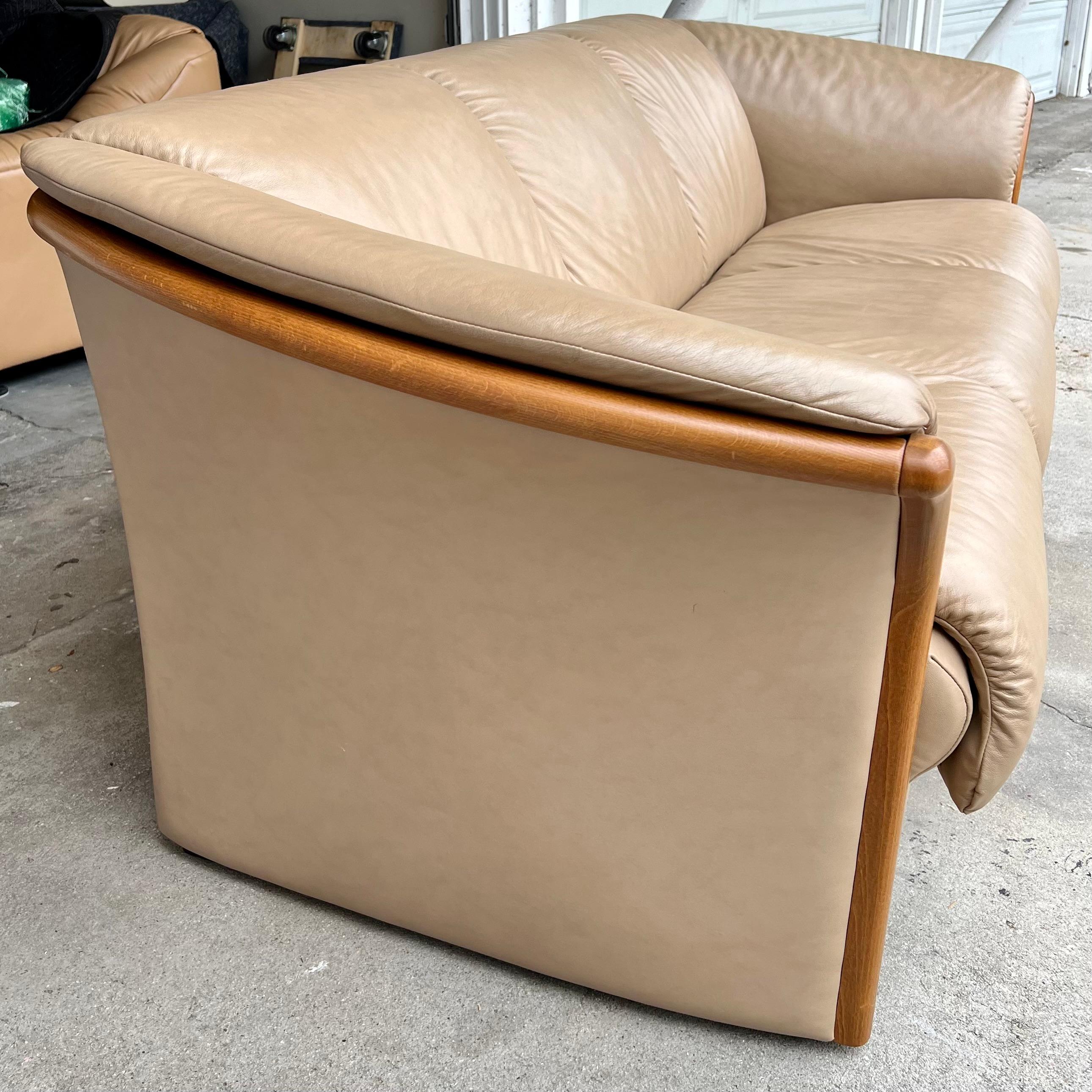 Norwegian EKORNES Collection Manhattan Sofa Beige Leather with Teak Frame