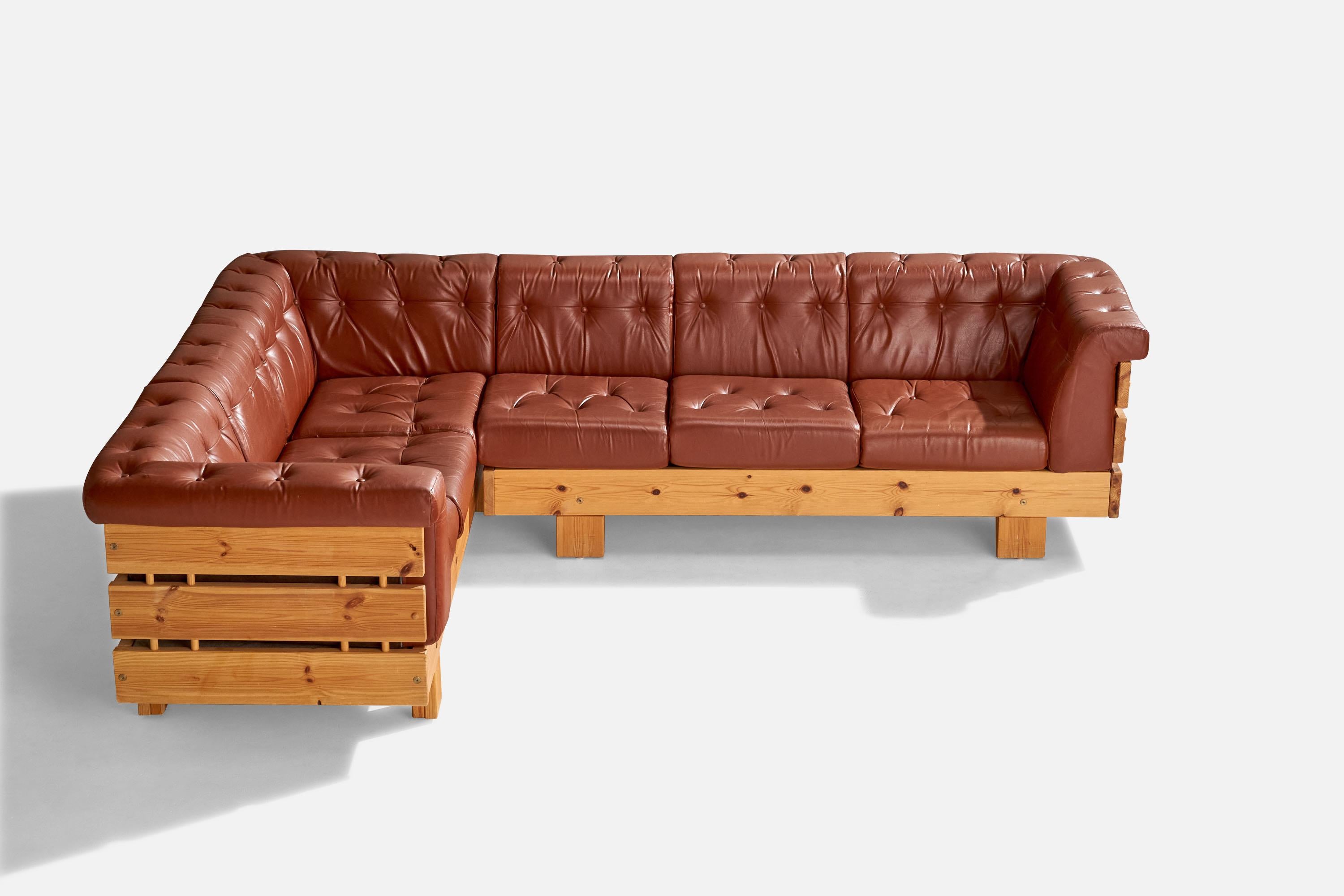 Norwegian Ekornes Fabrikker, Sectional Sofa, Pine, Leather, Norway, 1970s