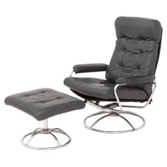 Ekornes Gray Leather Lounge Chair and Ottoman