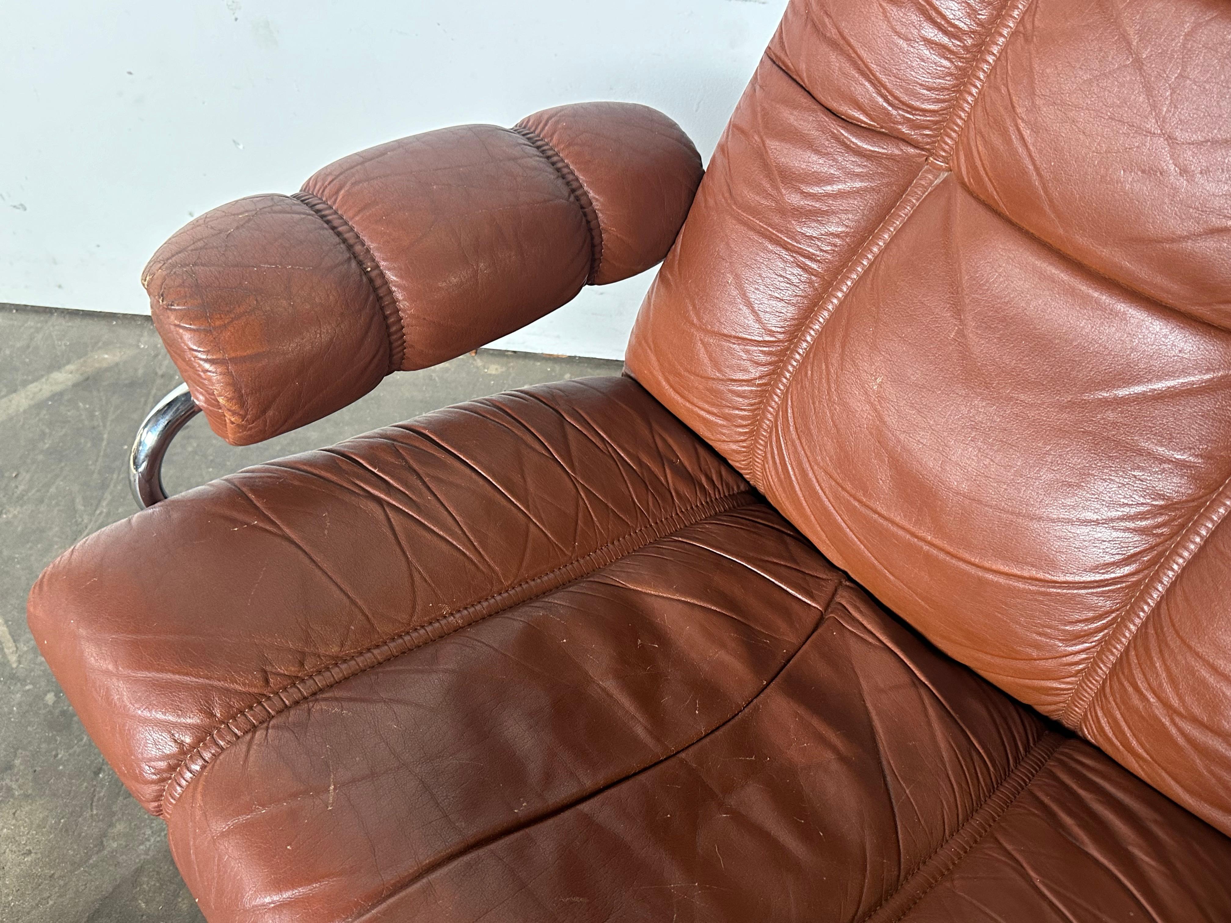 Ekornes Leather Stressless Lounge Chair and Ottoman in Burnt Orange For Sale 11