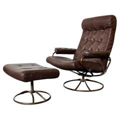 Ekornes Leather Stressless Lounge Chair and Ottoman on Brass Frame