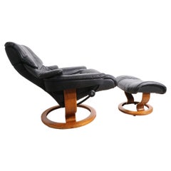 Vintage Ekornes Lounge Chair and Ottoman in Black Leather