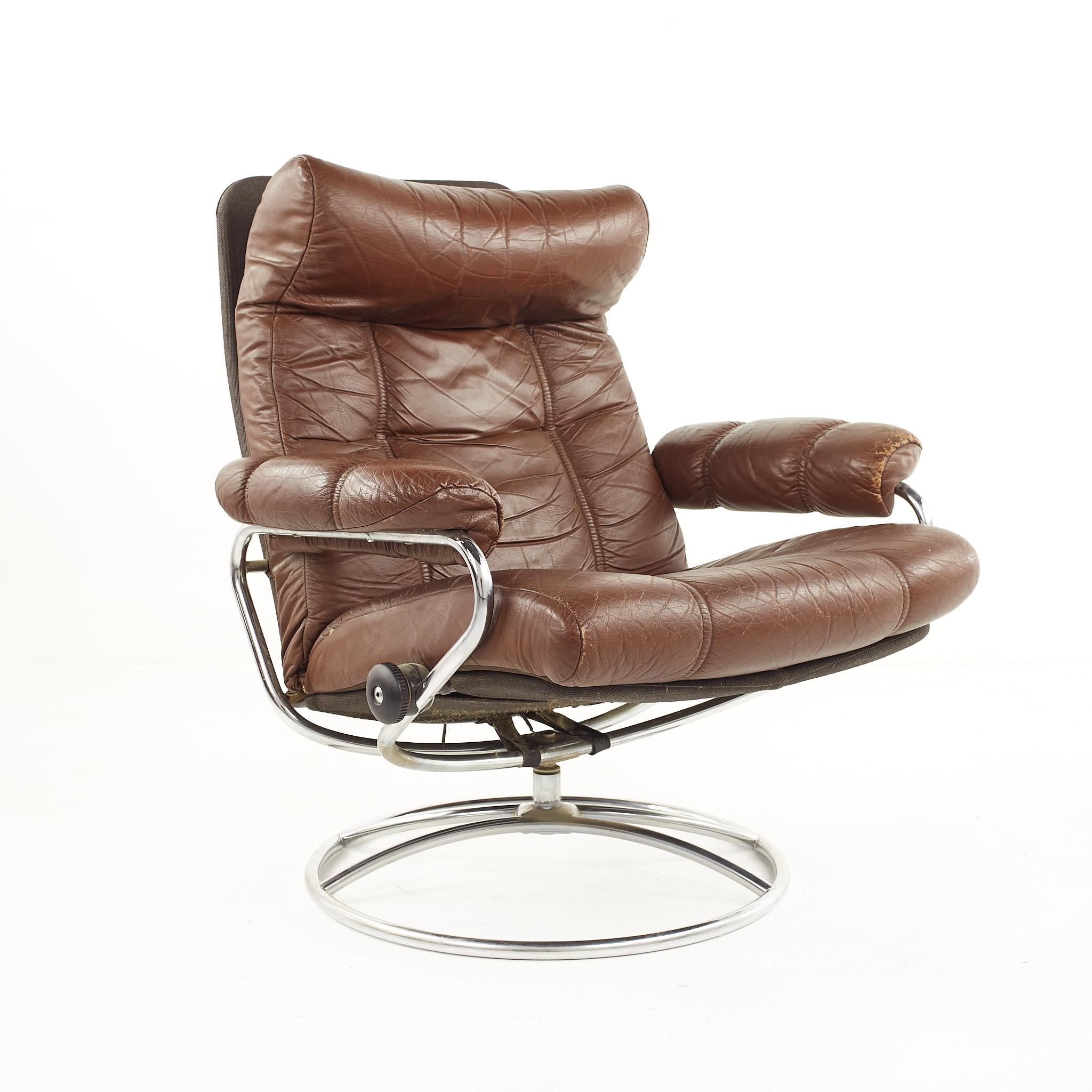 Ekornes Mid-Century Chrome and Leather Stressless Lounge Chair and 