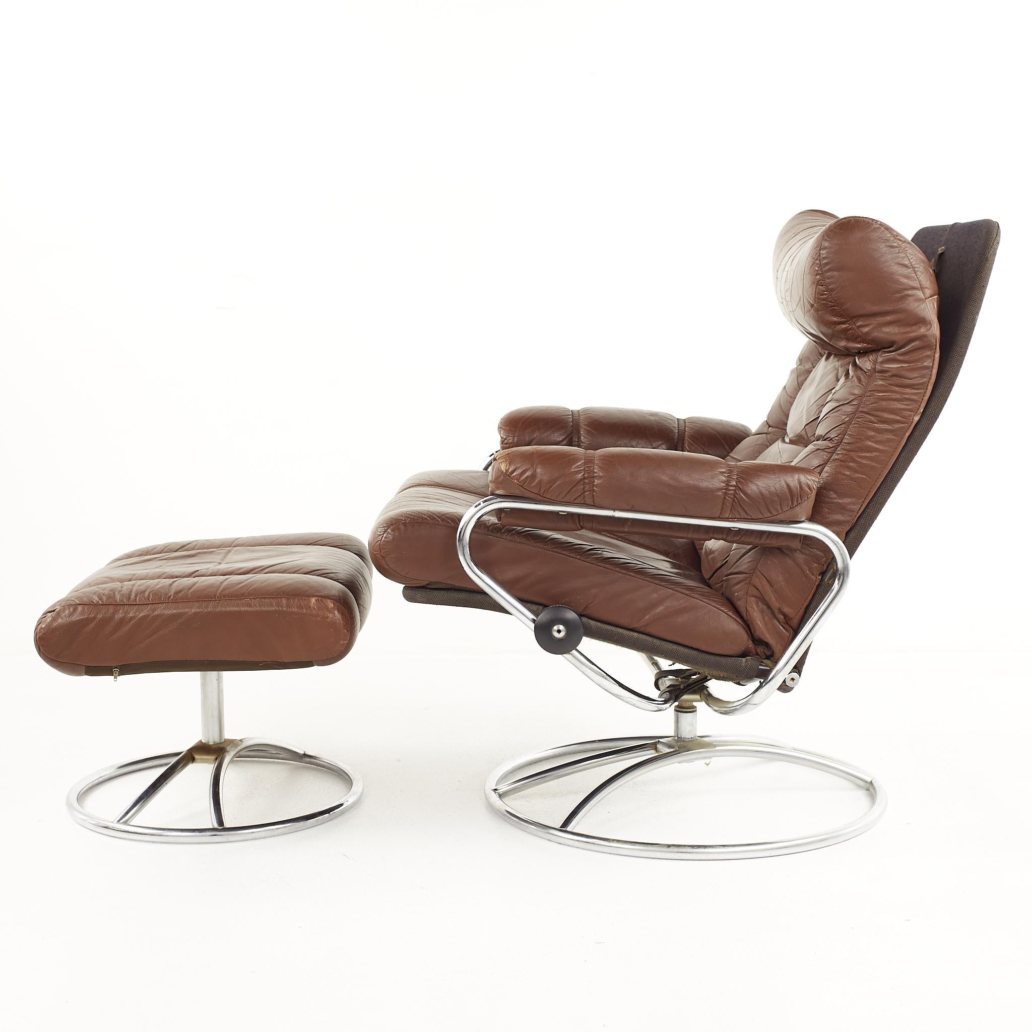 Mid-Century Modern Ekornes Mid-Century Chrome and Leather Stressless Lounge Chair and Ottoman