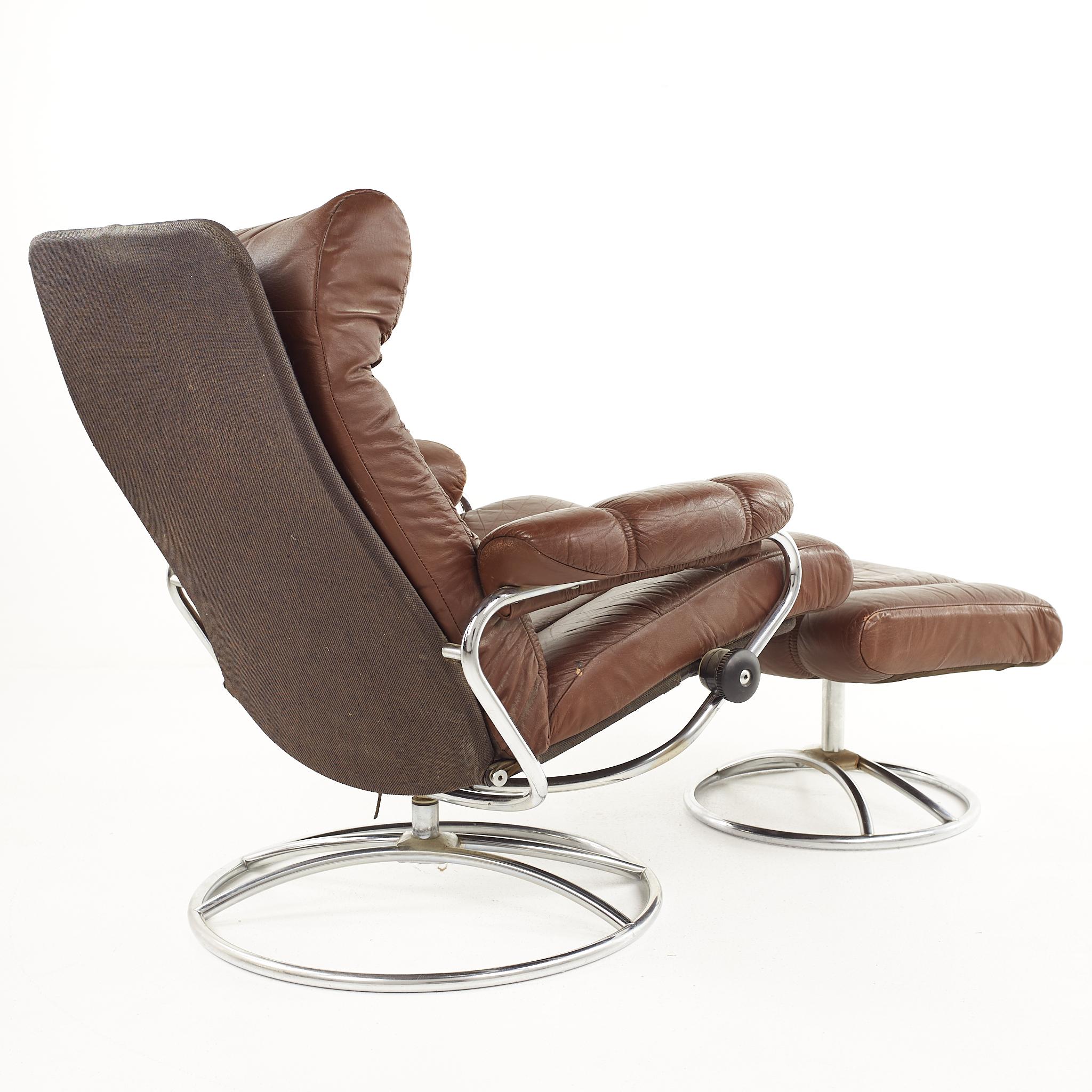 Norwegian Ekornes Mid-Century Chrome and Leather Stressless Lounge Chair and Ottoman
