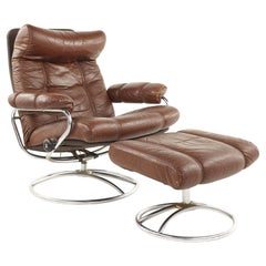 Ekornes Mid-Century Chrome and Leather Stressless Lounge Chair and Ottoman