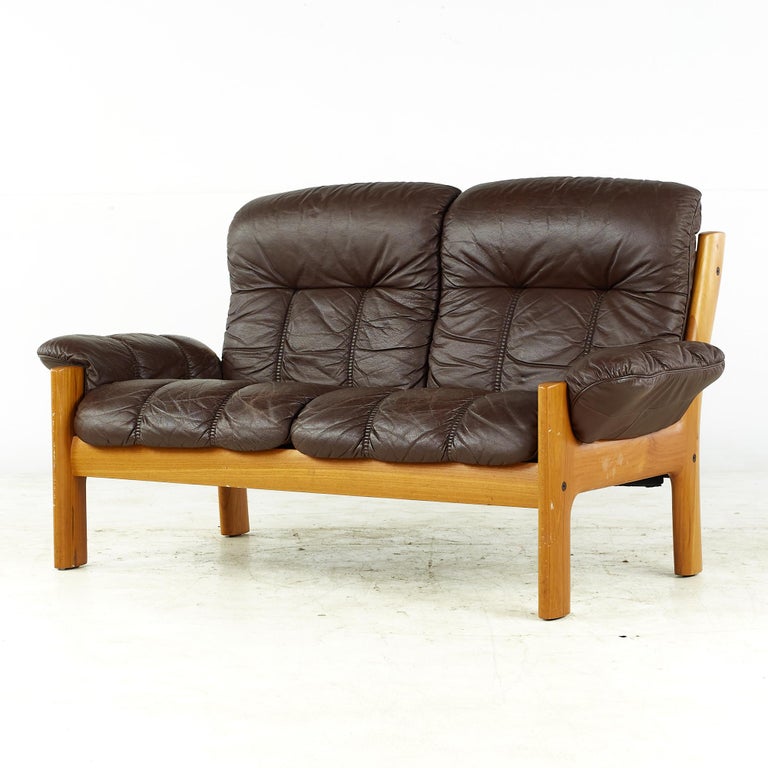 Ekornes Midcentury Danish Teak Leather Loveseat For Sale at 1stDibs